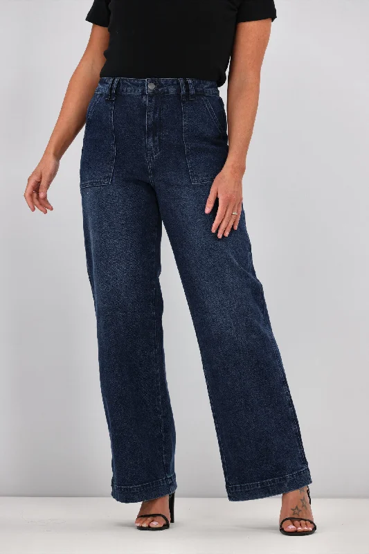 Shine On Label Noah Wide Leg Patch Pocket Jeans Indigo