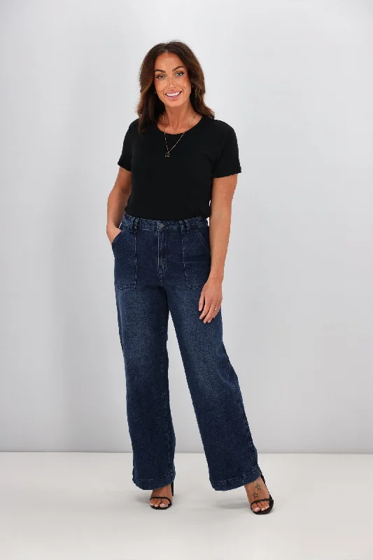 Shine On Label Noah Wide Leg Patch Pocket Jeans Indigo