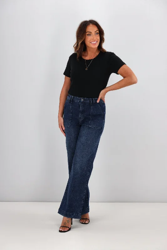 Shine On Label Noah Wide Leg Patch Pocket Jeans Indigo