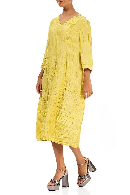 V-neck Crinkled Cyber Lime Silk Linen Dress