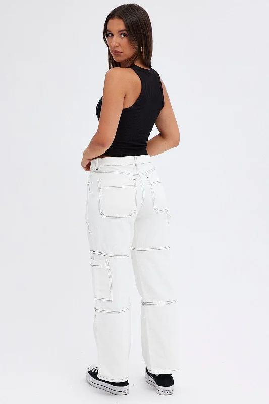 White Cargo Jeans High Rise Straight Leg Utility