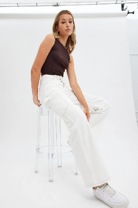 White Cargo Jeans Mid Rise