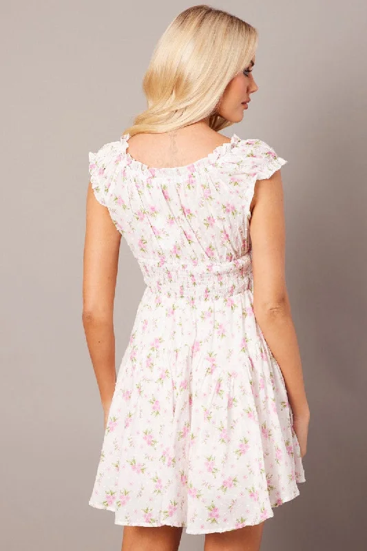 White Floral Fit And Flare Dress Puff Sleeve