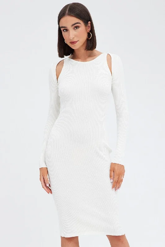 White Midi Dress Long Sleeve Keyhole Bodycon Rib Knit