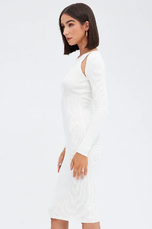 White Midi Dress Long Sleeve Keyhole Bodycon Rib Knit