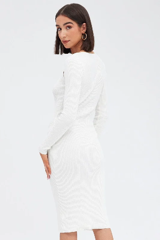 White Midi Dress Long Sleeve Keyhole Bodycon Rib Knit