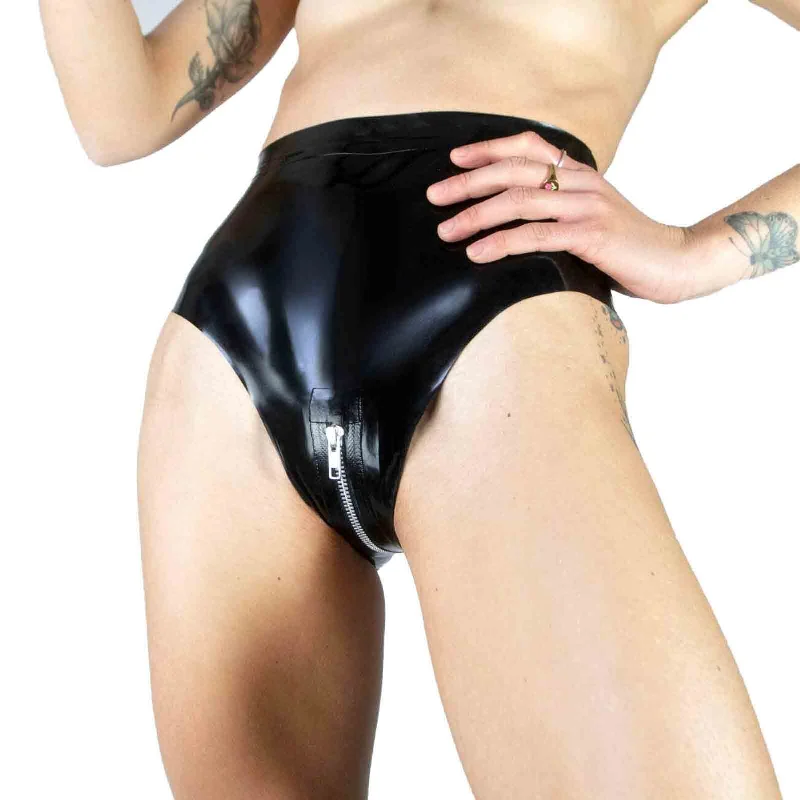 MONNIK Latex Panties Black Sexy Rubber Briefs with Crotch Zip for BDSM Fetish Catsuit