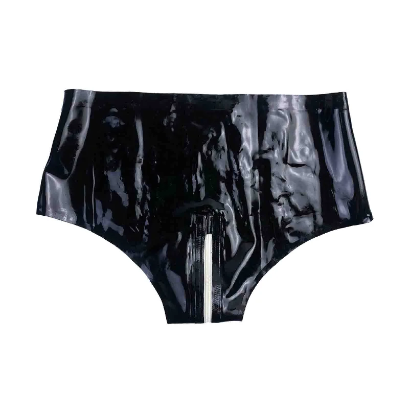 MONNIK Latex Panties Black Sexy Rubber Briefs with Crotch Zip for BDSM Fetish Catsuit