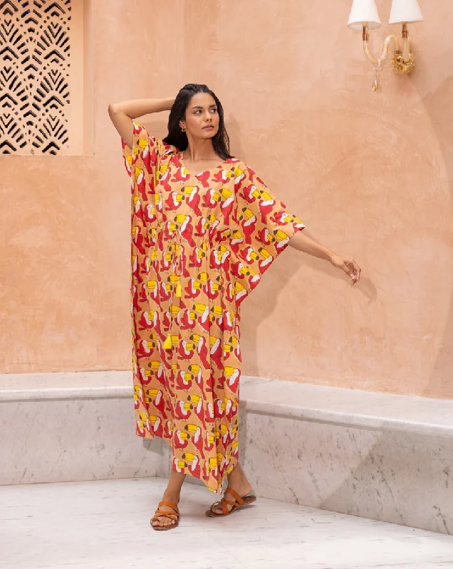 Toucan Hand Block Printed Cotton Kaftan - Full Length