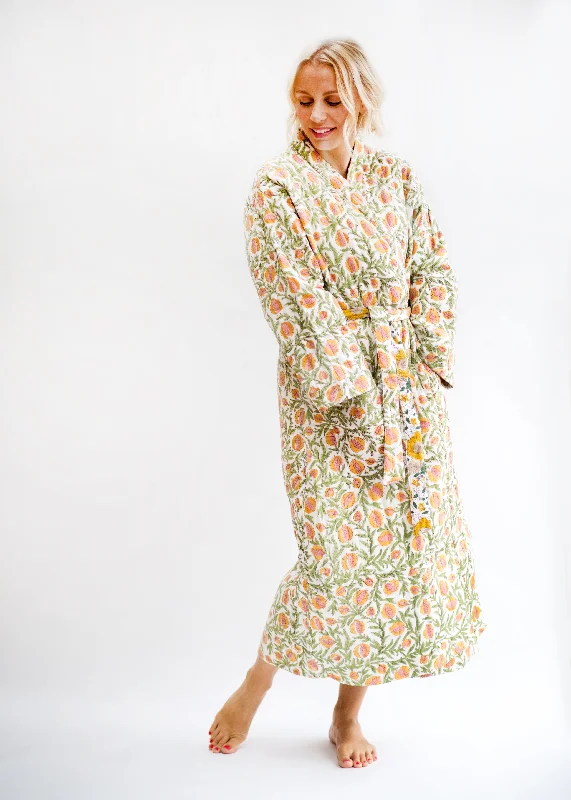 Luxury Quilted Hand Block Print Robe - Pomegranate Print