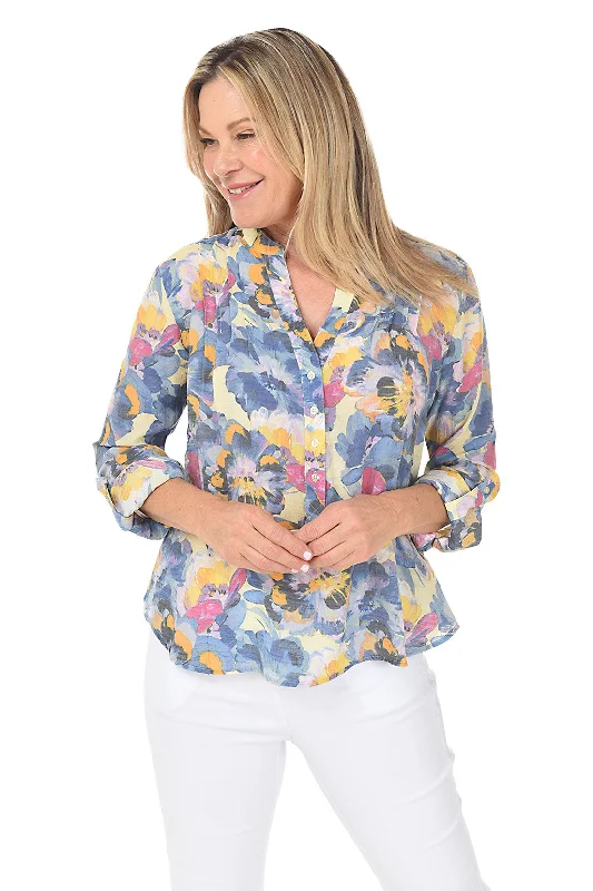 Pansy Flowers Pleated Front Roll Sleeve Blouse