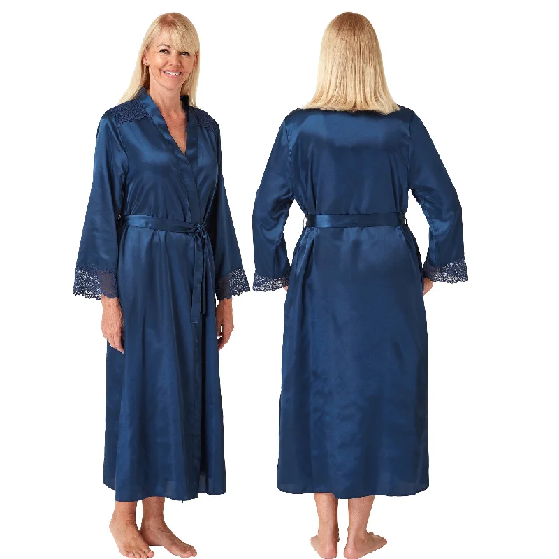 Long Full Length Teal Blue Sexy Satin Lace Wrap Bathrobe PLUS SIZE