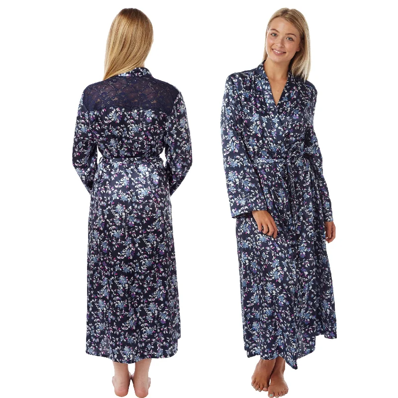 Long Full Length Navy Blue Floral Sexy Satin Lace Wrap Bathrobe