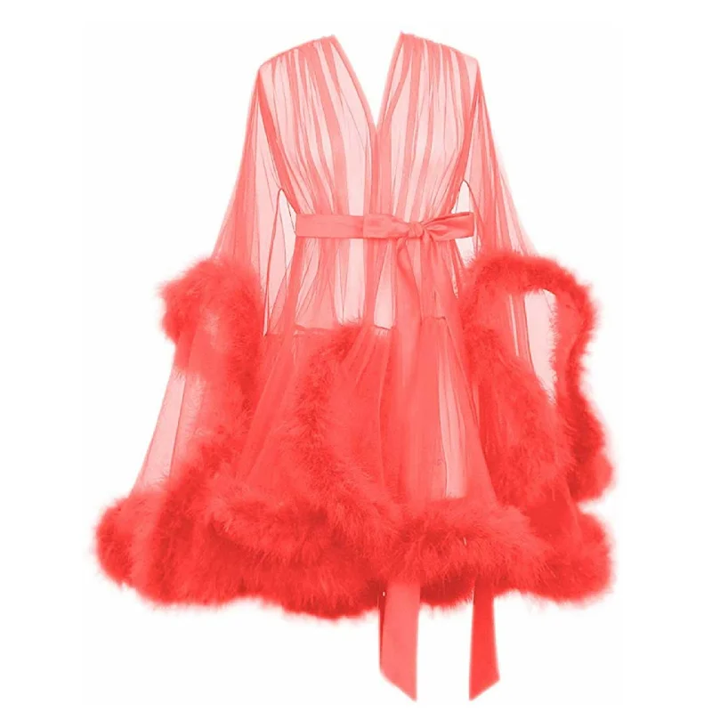 ""Night In"" Coral Pink Handmade Sheer Fluffy Mini Marabou Feather Robe