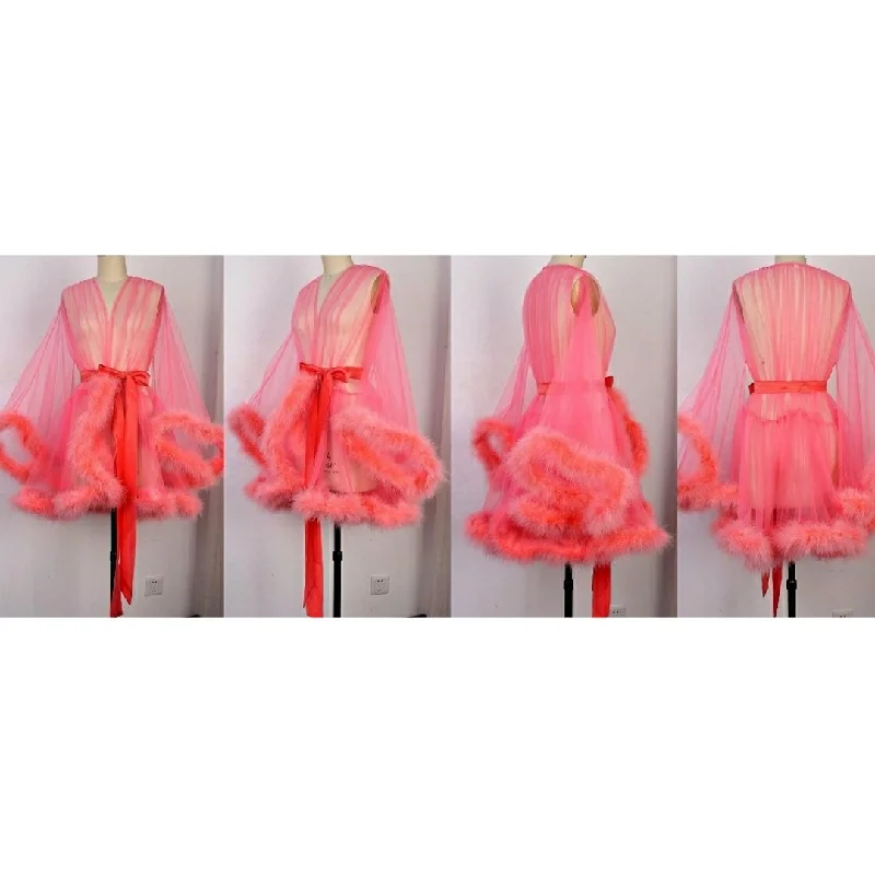 ""Night In"" Coral Pink Handmade Sheer Fluffy Mini Marabou Feather Robe