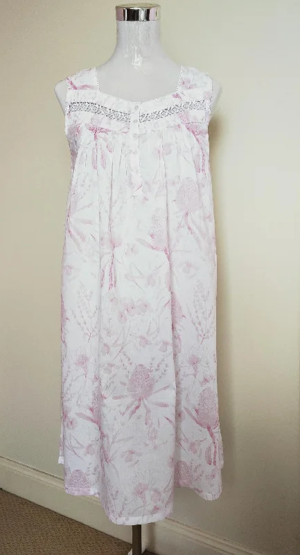 French Country Pure Cotton Sleeveless Nightie in Blush Banksia Print