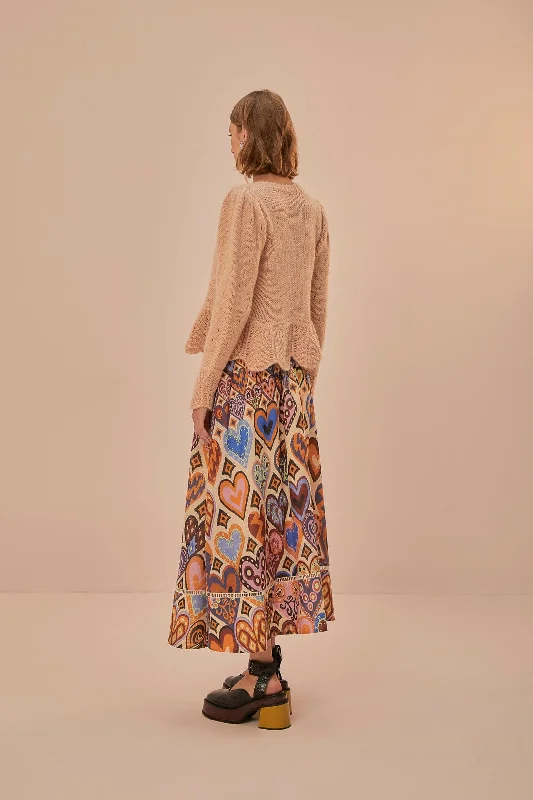 Cream Hearts Ikat Midi Skirt