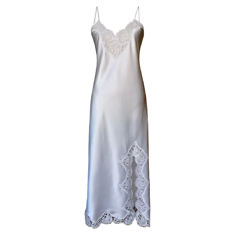 Long bias silk slip w/ French lace front split