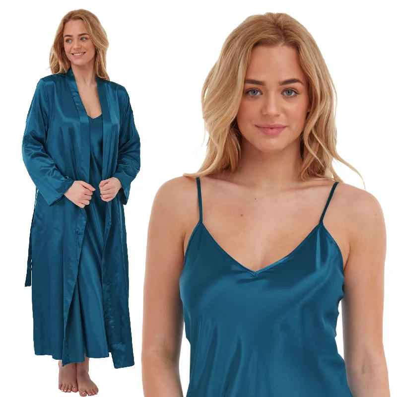 Matching Long Teal Blue Sexy Satin Chemise Nightdress & Wrap Set Negligee Lingerie PLUS SIZE