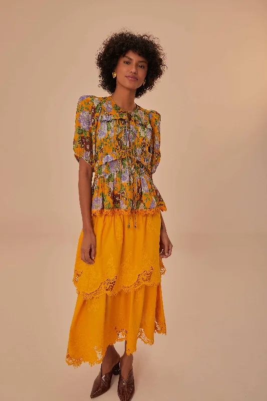 Yellow Mustard Tiered Lace Midi Skirt