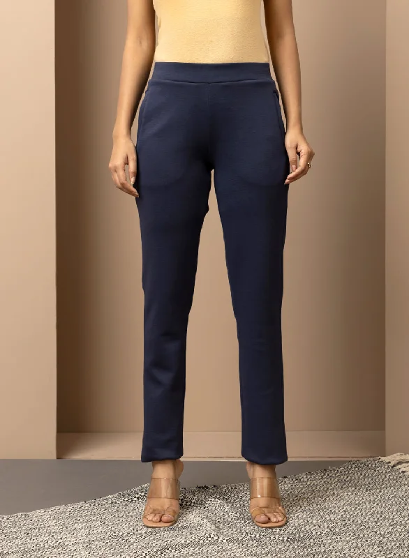 Navy Blue Solid Plain Pant with Side Insert Pocket