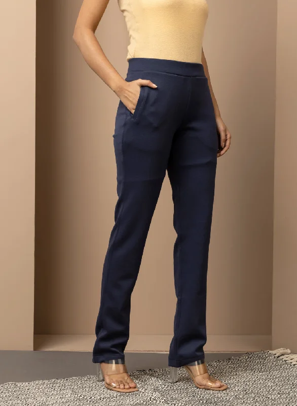 Navy Blue Solid Plain Pant with Side Insert Pocket