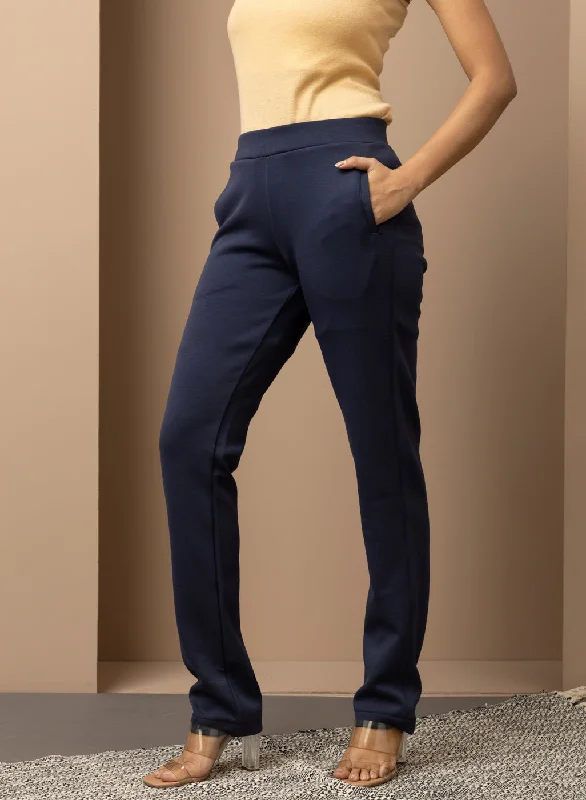 Navy Blue Solid Plain Pant with Side Insert Pocket