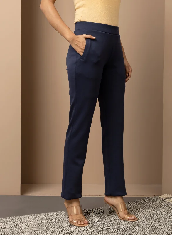 Navy Blue Solid Plain Pant with Side Insert Pocket