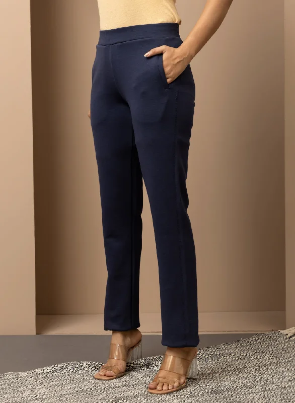 Navy Blue Solid Plain Pant with Side Insert Pocket