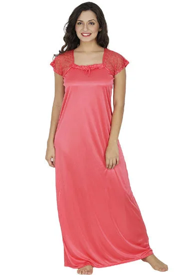 ""Comfy"" Peach Pink Satin Floral Lace Sleeve Full Length Nightgown