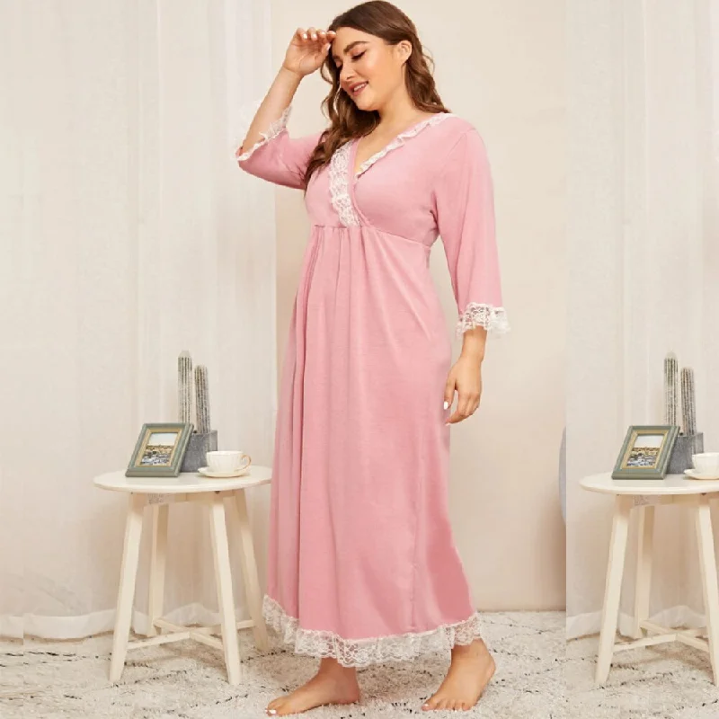 Ruffle Neck and Lace Long Nightdress