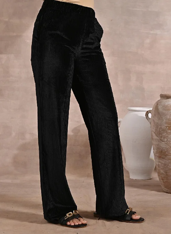 Solid Black Velour Straight-Fit Palazzo with Elastic Waist Band