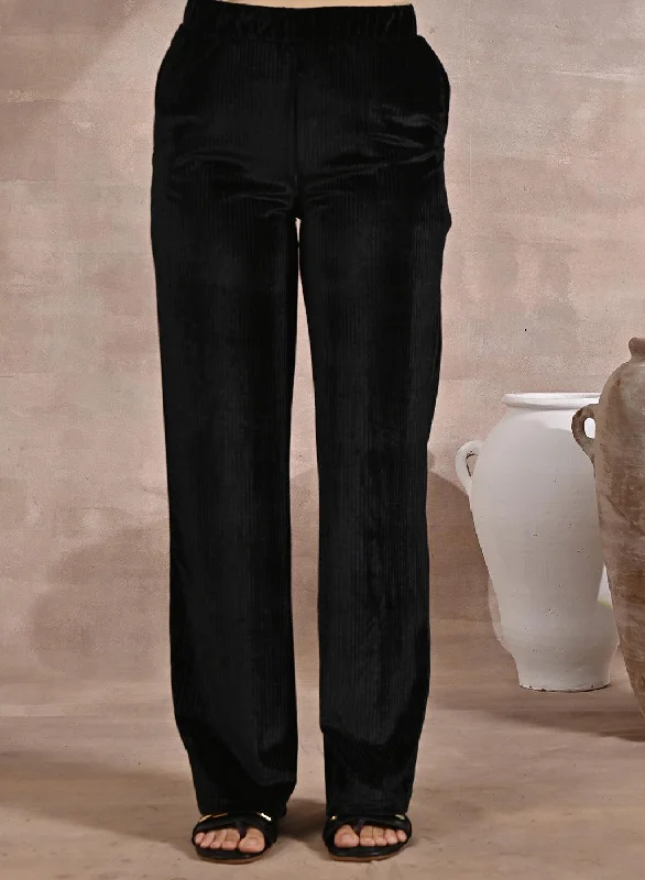 Solid Black Velour Straight-Fit Palazzo with Elastic Waist Band