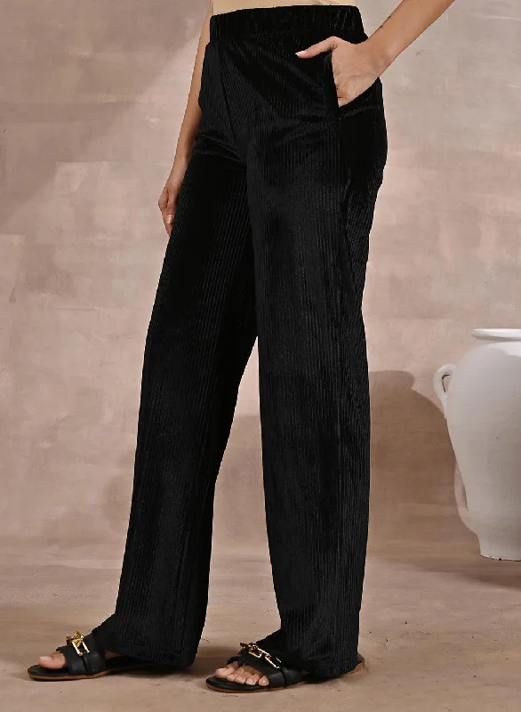 Solid Black Velour Straight-Fit Palazzo with Elastic Waist Band