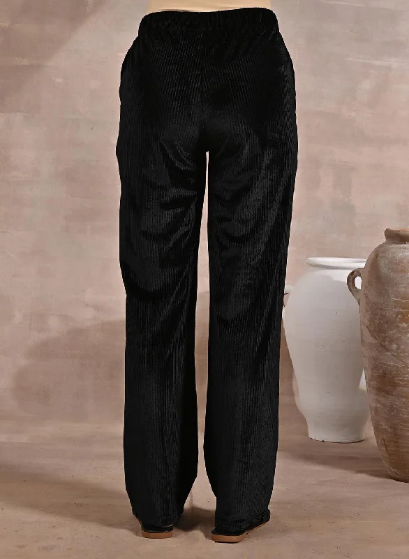 Solid Black Velour Straight-Fit Palazzo with Elastic Waist Band