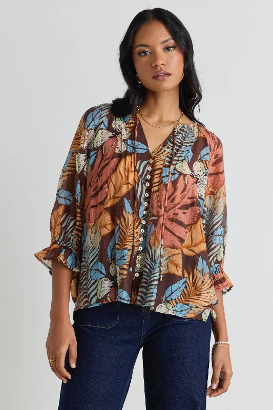 Antic Tropical Chocolate Print Pintuck Front Short Sleeve Top