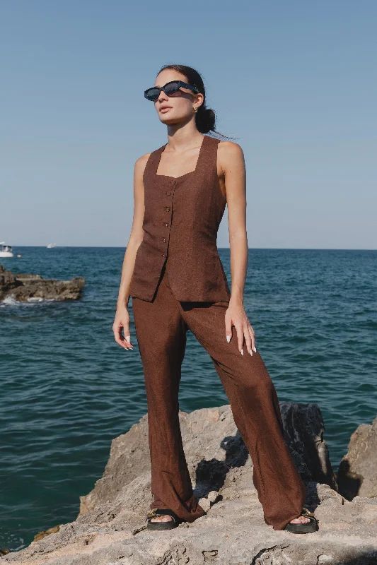 Coastal Chocolate Linen Longline Crew Vest