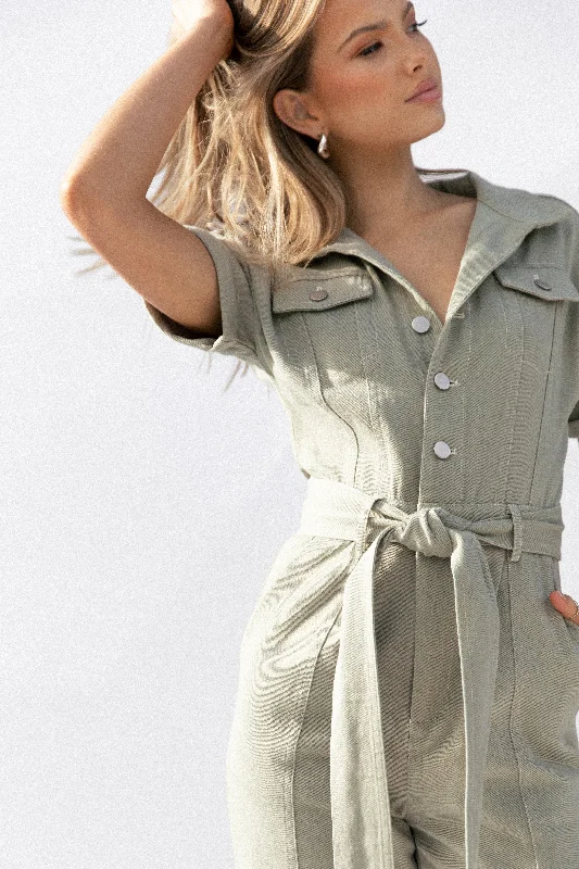 Demi Contrast Stitch Jumpsuit - Olive