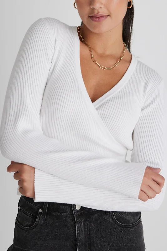 Feel Good White Ls Wrap Rib Knit Top