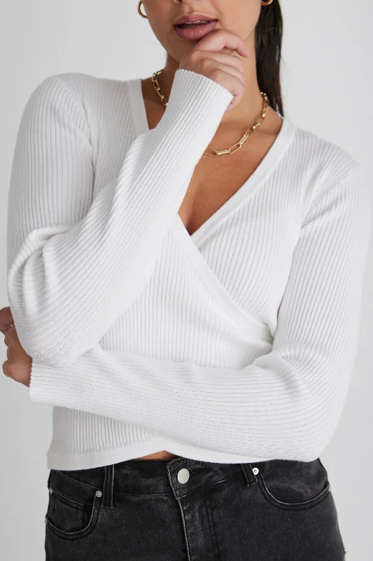 Feel Good White Ls Wrap Rib Knit Top