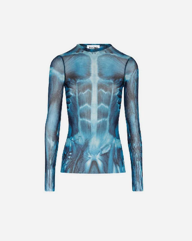 Blue Mesh Longsleeve Top Printed ""Ecorche""