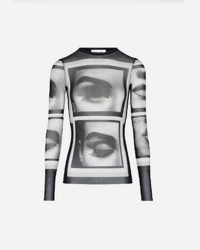 Mesh Longsleeve Top Printed ""Eyes"" And ""Lips""