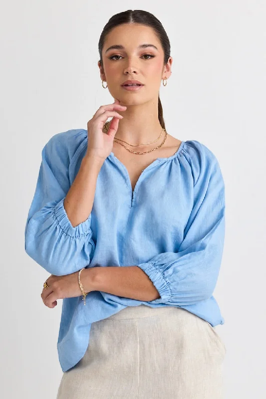 Revolutionary Lake Blue Linen Relaxed LS Top