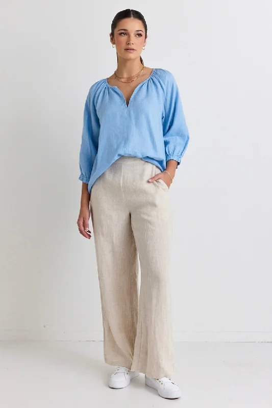 Revolutionary Lake Blue Linen Relaxed LS Top