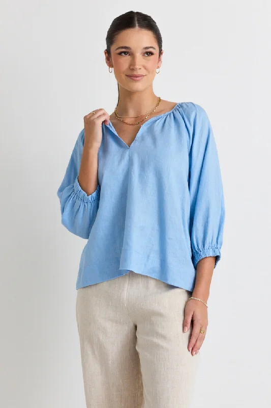 Revolutionary Lake Blue Linen Relaxed LS Top