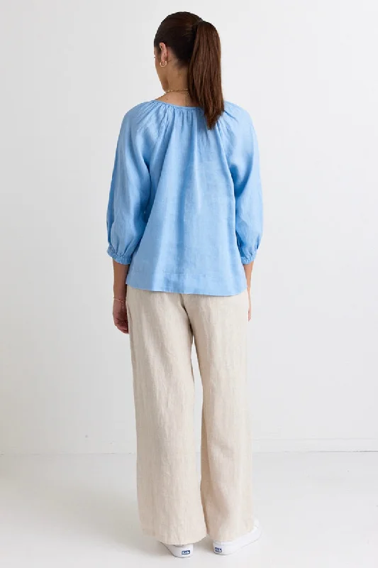 Revolutionary Lake Blue Linen Relaxed LS Top