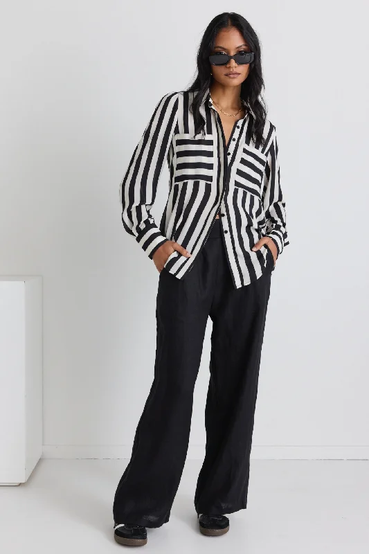 Solidify Black White Stripe Puff Sleeve LS Shirt