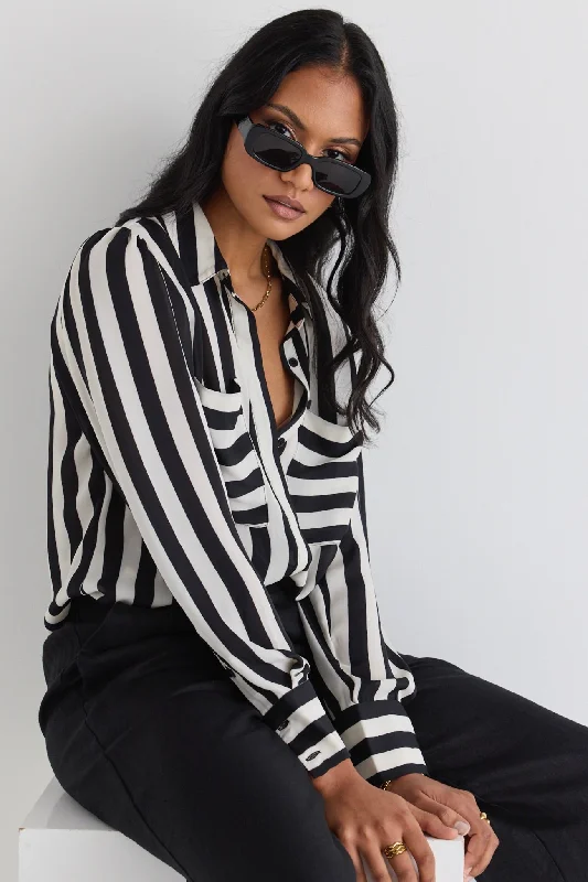 Solidify Black White Stripe Puff Sleeve LS Shirt