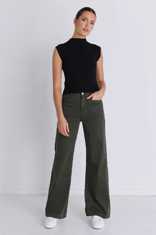 Zoey Dark Khaki High Rise Wide Leg Pocket Jean