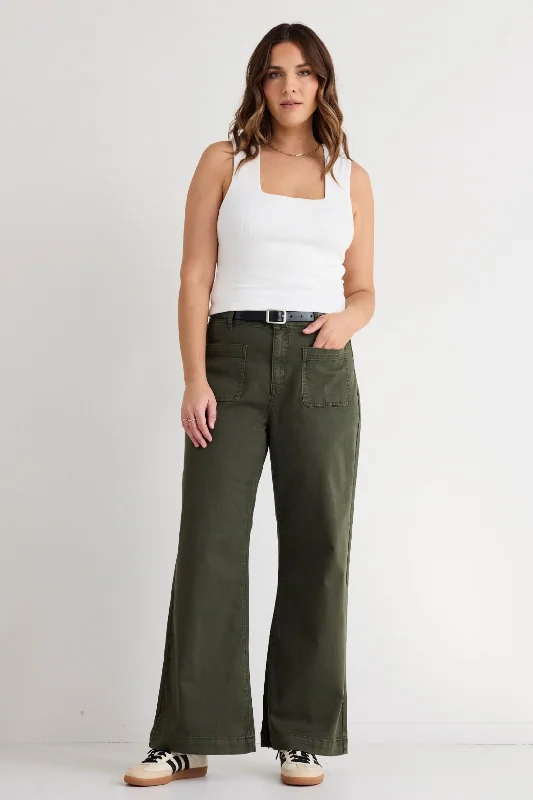 Zoey Dark Khaki High Rise Wide Leg Pocket Jean